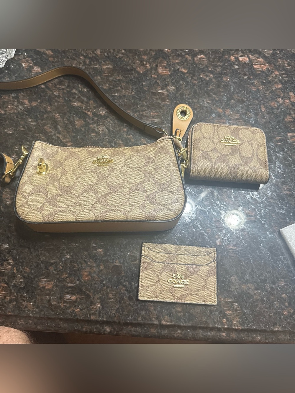 Coach tan bag, wallet, and card holder set